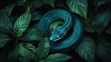 A stunning vibrant green snake elegantly coiled among lush green leaves, showcasing nature's beauty and the captivating details of wildlife in its habitat.の素材