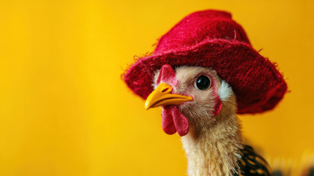 A delightful image of a chicken adorned with a bright red hat set against a cheerful yellow background, showcasing a playful and whimsical character.の素材