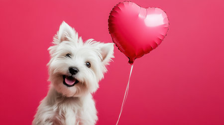 A delightful puppy smiles joyfully beside a vibrant heart-shaped balloon on a bright pink background, capturing the essence of love and happiness.の素材