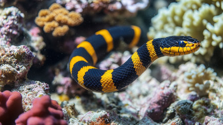 A vibrant snake gracefully swims through a colorful coral reef, showcasing its striking yellow and black patterns amidst the rich marine environment.の素材