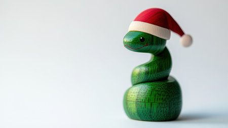 A whimsical green snake toy adorned with a red Christmas hat, perfect for festive decorations. This cute figure adds charm and joy to any holiday setting.の素材