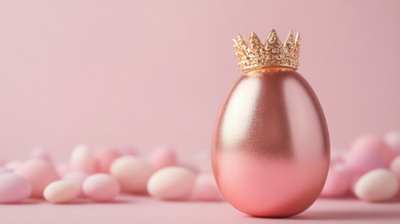 A beautifully crafted pink egg adorned with a golden crown, resting on a soft pink background. An elegant choice for spring-themed decor or festive celebrations.の素材