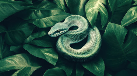 A captivating close-up of a green snake nestled among lush tropical leaves, showcasing the serene beauty of wildlife in its natural habitat.の素材