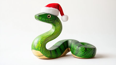 A charming wooden snake toy dressed in a red Santa hat, perfect for festive decor during the holiday season, adding cheer to any celebration.の素材