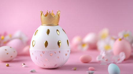 A beautifully designed decorative egg featuring a gold crown sits on a soft pink background with assorted pastel decorations, perfect for Easter celebrations.の素材