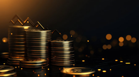 A captivating composition of stacked gold coins illuminated by soft glowing lights against a dark background, symbolizing finance and investment potential.の素材