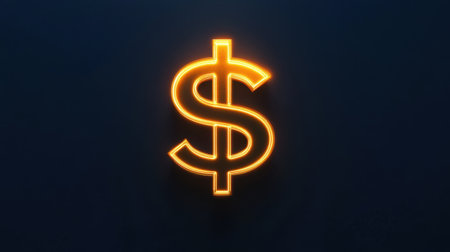 A striking neon dollar sign symbol glowing against a dark backdrop, representing wealth and finance. Perfect for projects related to money and economics.の素材