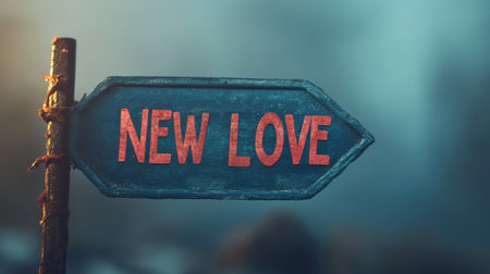 A decorative wooden signpost points towards "New Love," symbolizing fresh beginnings in relationships, set against a dreamy, blurred background.の素材