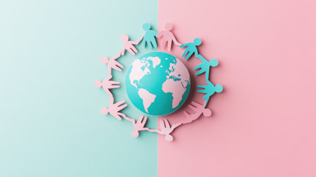 A creative representation of global unity, showcasing diverse paper figures surrounding a globe. This minimalist design promotes inclusivity, harmony, and teamwork.の素材