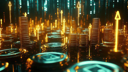 Conceptual image illustrating the rise of digital currency with coins and upward arrows. It symbolizes growth in finance and the evolution of technology in investments.の素材