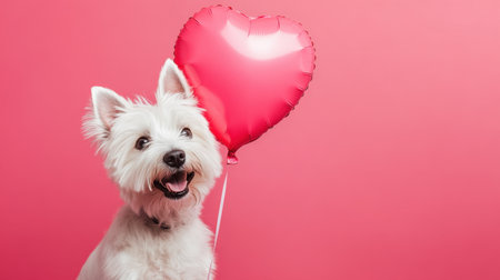 A cheerful white dog holds a heart-shaped balloon against a pink backdrop, radiating happiness and joy. Perfect for themes of love and celebration.の素材