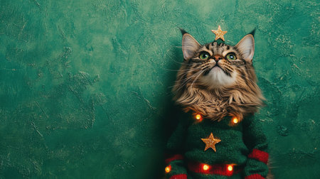 A charming cat wears a festive Christmas sweater adorned with lights and a star, creating a delightful holiday scene perfect for seasonal joy.の素材