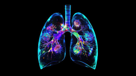 A vibrant and colorful digital representation of human lungs showcasing intricate details and abstract patterns, emphasizing the importance of respiratory health and anatomy.の素材