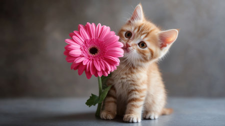 An adorable orange tabby kitten curiously examines a vibrant pink flower, creating a charming and playful scene that showcases innocence and beauty.の素材