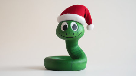 This adorable green snake toy, featuring a Christmas Santa hat, adds a whimsical touch to any holiday decoration or gift for children.の素材