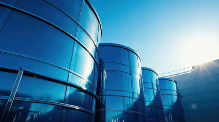 Sleek industrial storage tanks stand tall against a bright blue sky, reflecting sunlight. The modern design showcases innovative architecture in a clean environment.の素材