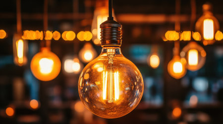 A captivating close-up of glowing vintage light bulbs, showcasing warm, inviting illumination that enhances the ambiance of any stylish setting. Perfect for design inspiration.の素材