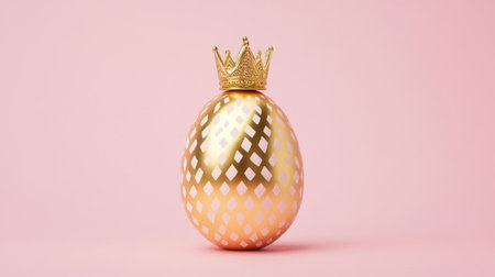This charming image features a golden crown atop a decorative egg set against a soft pink background, perfect for festive celebrations and creative designs.の素材