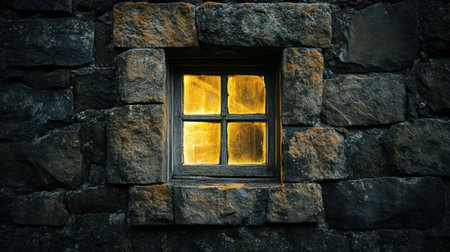 This image showcases a rustic stone wall featuring a warm-lit window, creating a cozy atmosphere. The historic architecture offers a glimpse into the past, emphasizing the intricate textures and craftsmanship.の素材