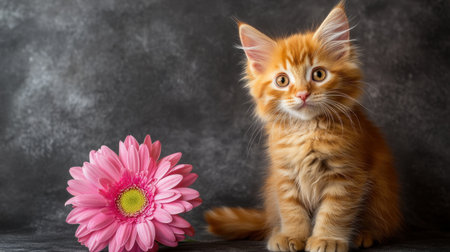 A charming orange kitten poses next to a vibrant pink flower on a dark textured background, showcasing its playful spirit and adorable features.の素材