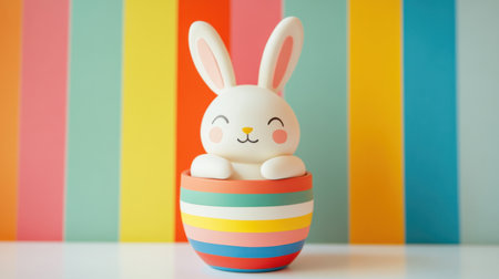 A cute bunny toy sits playfully in a colorful bowl against a vibrant striped background. This joyful scene captures a sense of innocence and fun, perfect for children decor or festive themes.の素材