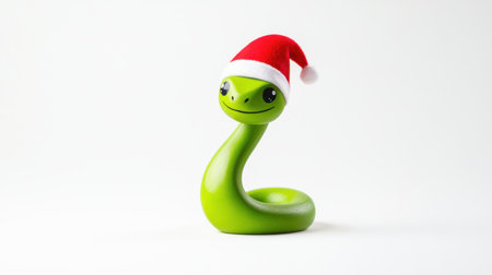Adorable green snake figurine wearing a Santa hat brings a playful touch to holiday decor. Perfect for festive celebrations, gifts, or whimsical art collection.の素材