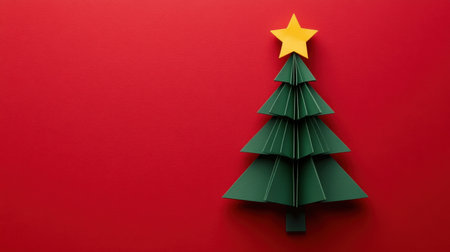 A charming paper Christmas tree stands on a vibrant red background, adorned with a yellow star. Ideal for holiday crafts, festive decorations, and seasonal themes.の素材