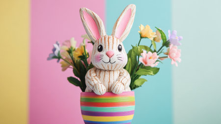Adorable bunny toy nestled in a colorful pot filled with flowers. This vibrant spring decoration brings joy and charm to any Easter celebration.の素材