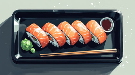 A colorful arrangement of fresh salmon sushi rolls served on a black plate, accompanied by wasabi and soy sauce, reflecting authentic Japanese cuisine.の素材