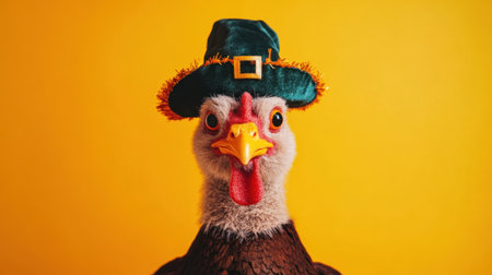 A playful goose sports a charming green hat amid a bright yellow background, capturing a whimsical and joyful moment that radiates happiness and humor.の素材