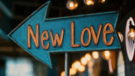 A vibrant vintage arrow sign showcases the message "New Love" in bright orange neon lights. Perfect for settings that celebrate romance or joyful events.の素材