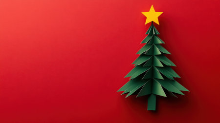 Bright and colorful paper Christmas tree stands out against a red background, topped with a star. Perfect for holiday designs, crafts, or festive decorations.の素材