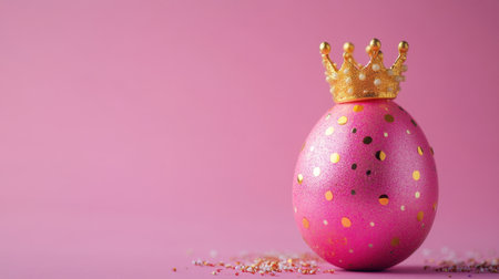 A vibrant pink Easter egg adorned with a gold crown sits on a soft pink surface, symbolizing celebration and creativity for the holiday season.の素材