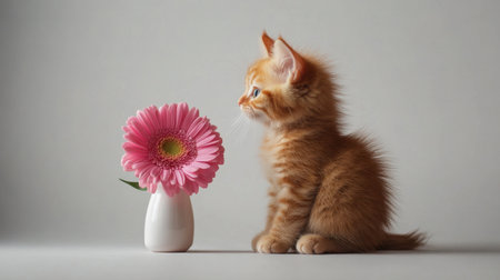 A charming ginger kitten sits gracefully beside a vibrant pink flower in a sleek vase, radiating warmth and innocence in a serene indoor setting.の素材