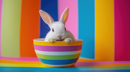 An adorable white bunny perches in a colorful striped bowl, surrounded by vibrant pastel backgrounds. This delightful scene captures the essence of playfulness and joy.の素材
