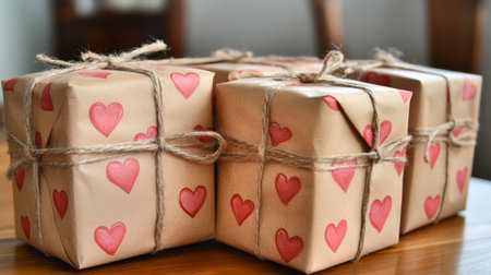 A collection of beautifully wrapped gift boxes in brown paper adorned with red heart designs, perfect for romantic occasions and celebrations of love.の素材