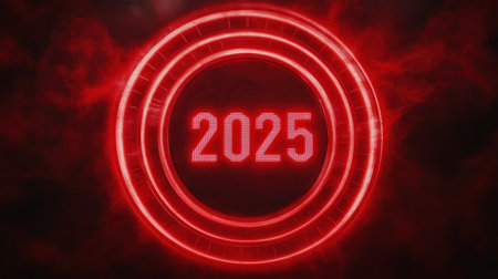 Eye-catching digital display featuring the year 2025 illuminated in red glow, perfect for event promotion, countdown themes, and futuristic designs.の素材