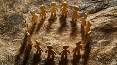 Paper human figures stand in a circle on a textured background, symbolizing unity, connection, and community. Ideal for themes of togetherness and collaboration.の素材
