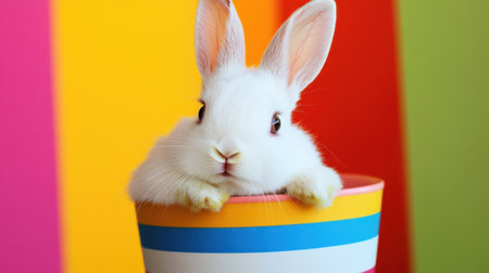An adorable white bunny with big ears rests its chin on a colorful striped pot, surrounded by vibrant background colors. Perfect for animal lovers!の素材