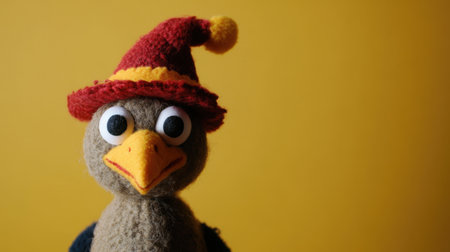 This charming plush bird in a whimsical wizard hat adds a playful touch to any decor. Set against a vibrant yellow background, it sparks joy and creativity.の素材