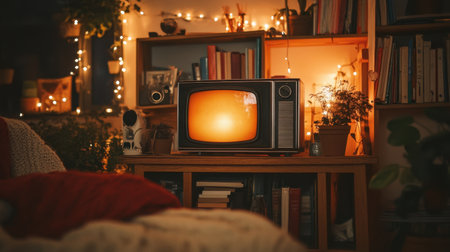 A cozy vintage living room featuring a glowing retro television, surrounded by bookshelves and plants. This warm scene creates an inviting atmosphere perfect for relaxation.の素材