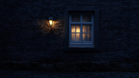 A charming scene featuring a warmly lit window against a textured stone wall at night. The soft glow from the lantern enhances the tranquil ambiance.の素材