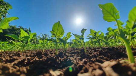 Bright green seedlings emerge from rich earth under a clear blue sky, showcasing the beauty of natural growth and the vitality of summer farming.の素材