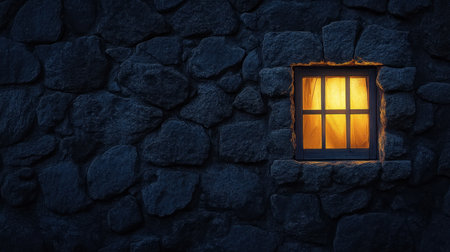 A cozy illuminated window glows warmly against a dark stone wall, creating a serene atmosphere. The rustic texture of the stones enhances the peaceful night scene.の素材
