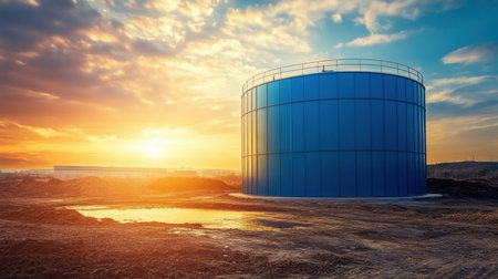 A stunning sunset casts vibrant colors over an industrial water storage tank at a construction site, showcasing modern infrastructure and nature's beauty.の素材