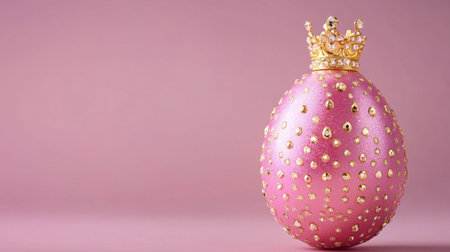 A stunning pink glittering egg adorned with a golden crown, set against a soft pink background, exemplifying luxury and festive celebration. Perfect for seasonal decor.の素材