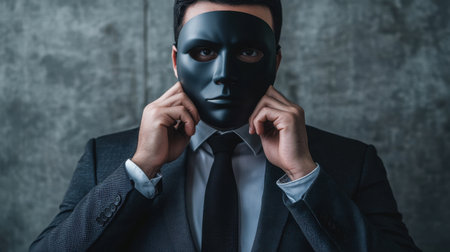 A man in a formal suit dons a black mask, creating an air of mystery. His serious demeanor and the textured wall background enhance the dramatic effect.の素材