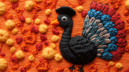 This colorful felt peacock art showcases intricate details against a vibrant orange background, creating a cheerful and whimsical decorative piece.の素材