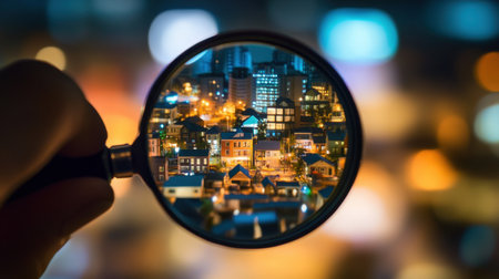A unique perspective of a vibrant cityscape captured through a magnifying glass. This image showcases the beauty and detail of urban life at night with colorful lights.の素材