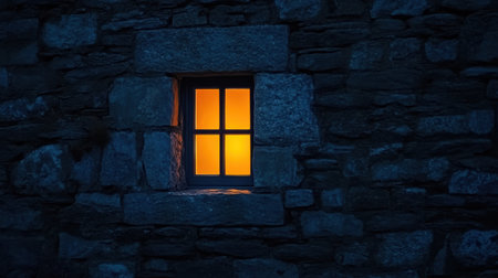A serene night scene featuring a glowing window set in a dark stone wall, creating a warm and inviting atmosphere against the cool backdrop of night.の素材